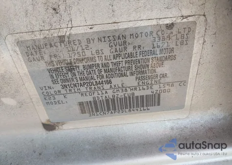 2013 Nissan Versa 1.6 Sv z USA, uszkodzony, nr VIN 3N1CN7AP2DL844166